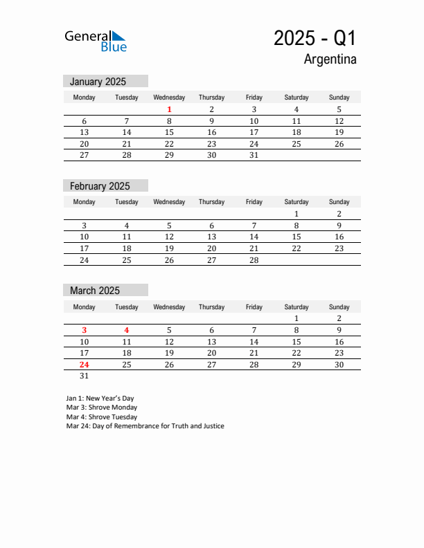 Argentina Quarter 1 2025 Calendar with Holidays