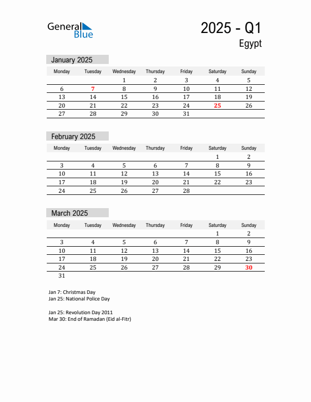 Egypt Quarter 1 2025 Calendar with Holidays
