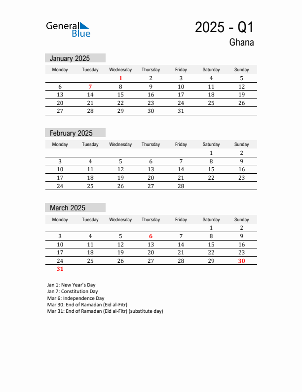 Ghana Quarter 1 2025 Calendar with Holidays