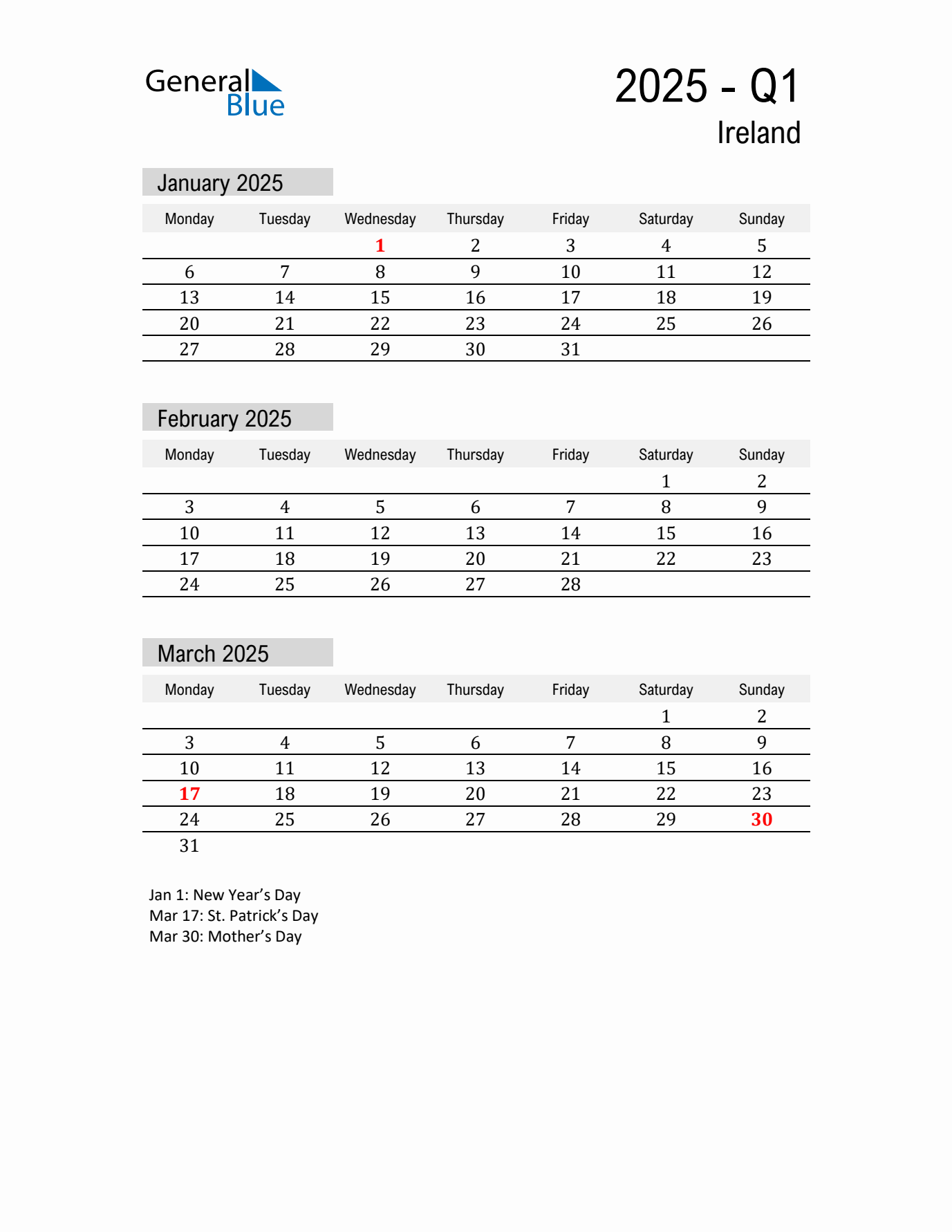 Ireland Quarter 1 2025 Calendar with Holidays