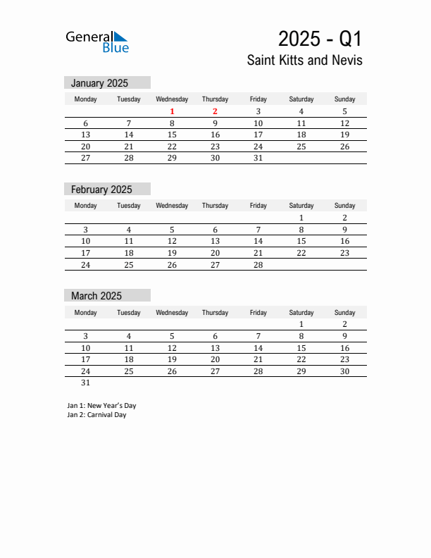 Saint Kitts and Nevis Quarter 1 2025 Calendar with Holidays