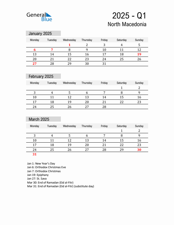 North Macedonia Quarter 1 2025 Calendar with Holidays