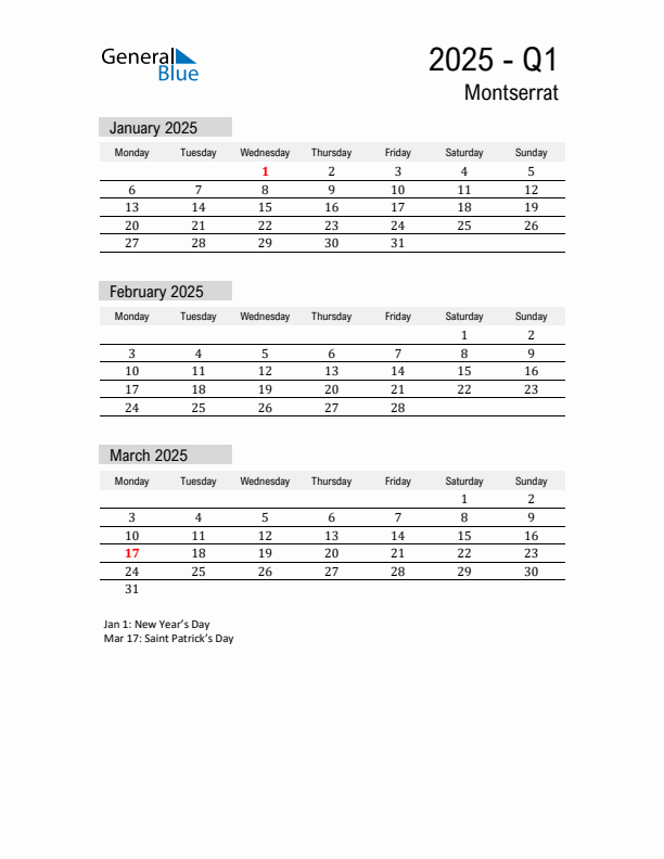 Montserrat Quarter 1 2025 Calendar with Holidays