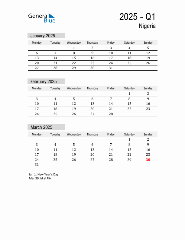 Nigeria Quarter 1 2025 Calendar with Holidays