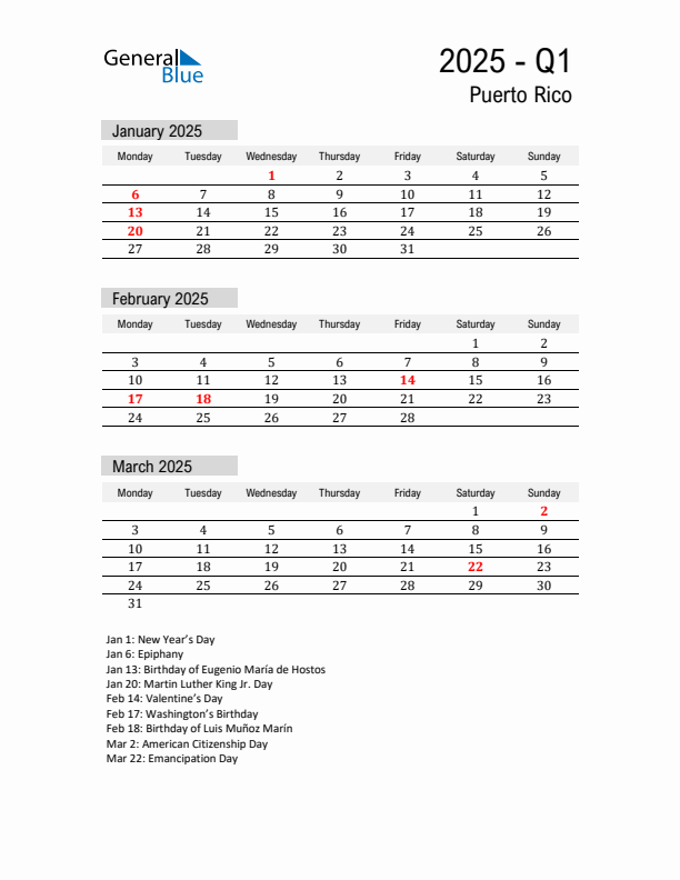Puerto Rico Quarter 1 2025 Calendar with Holidays