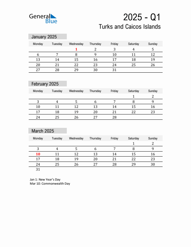 Turks and Caicos Islands Quarter 1 2025 Calendar with Holidays