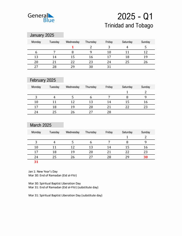 Trinidad and Tobago Quarter 1 2025 Calendar with Holidays