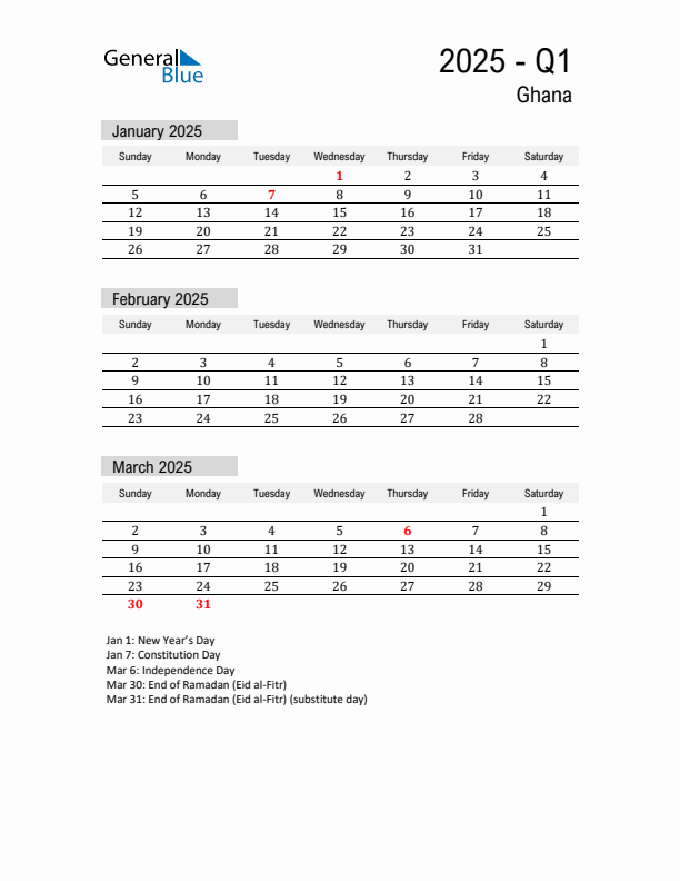 Ghana Quarter 1 2025 Calendar with Holidays