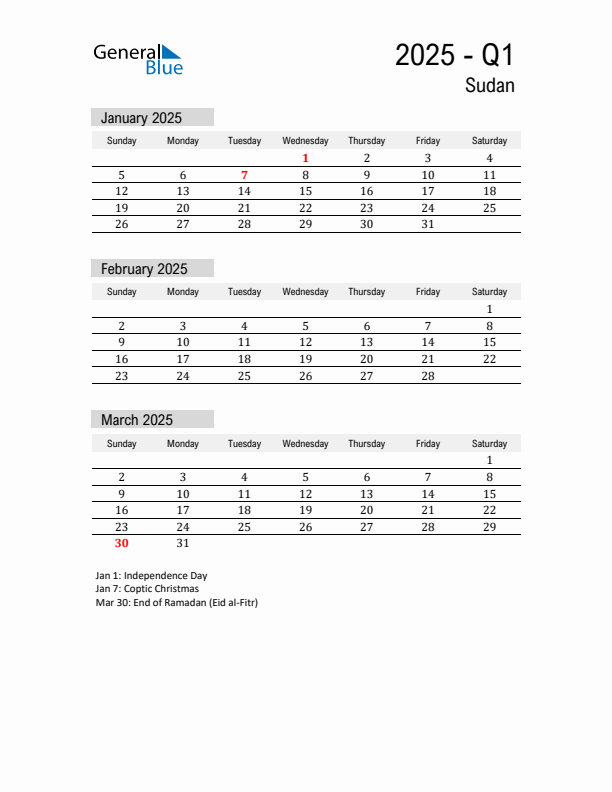 Sudan Quarter 1 2025 Calendar with Holidays