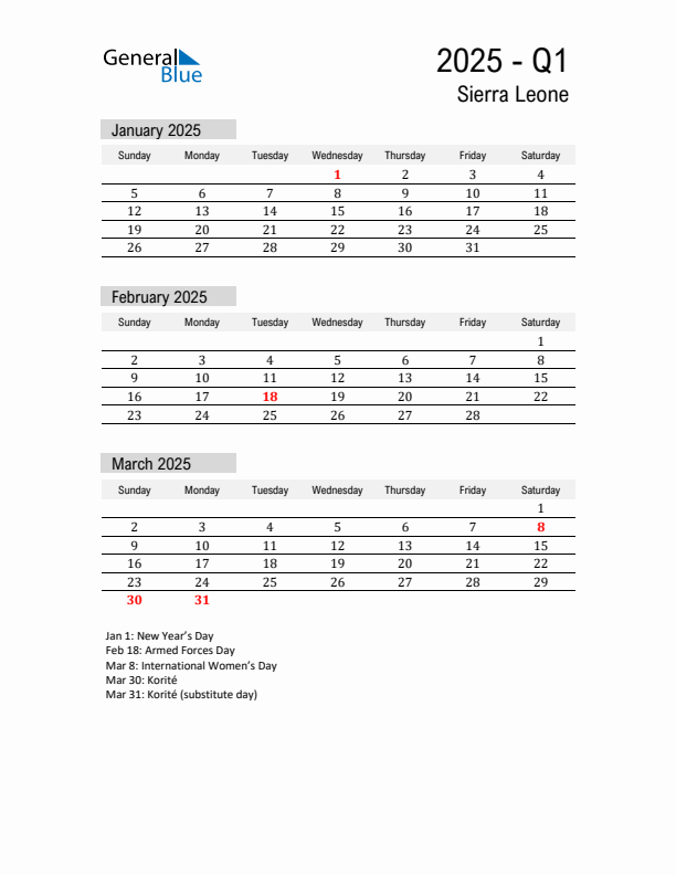 Sierra Leone Quarter 1 2025 Calendar with Holidays