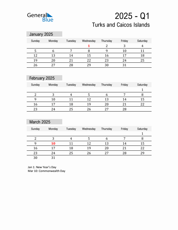 Turks and Caicos Islands Quarter 1 2025 Calendar with Holidays