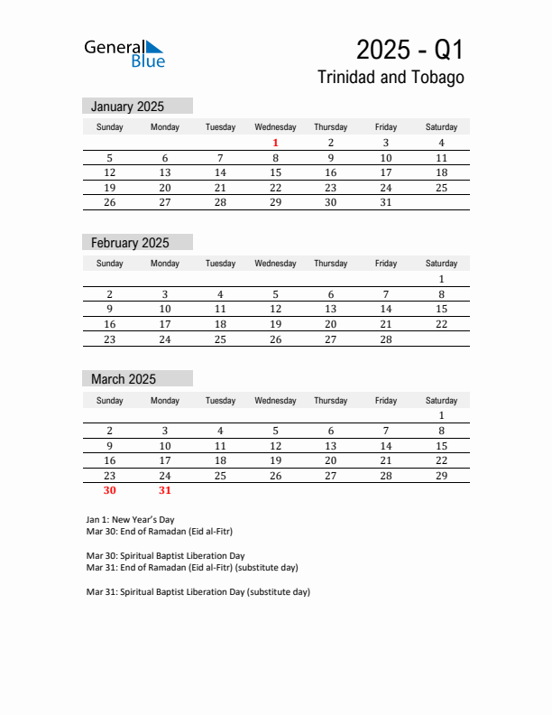 Trinidad and Tobago Quarter 1 2025 Calendar with Holidays
