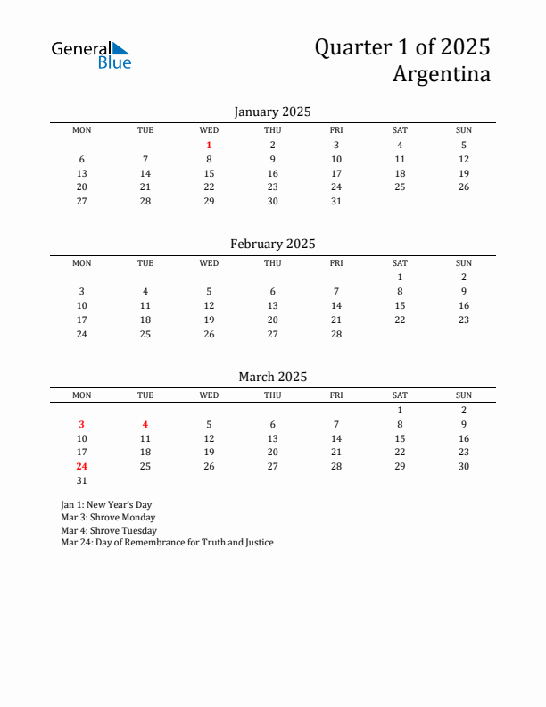 Quarter 1 2025 Argentina Quarterly Calendar
