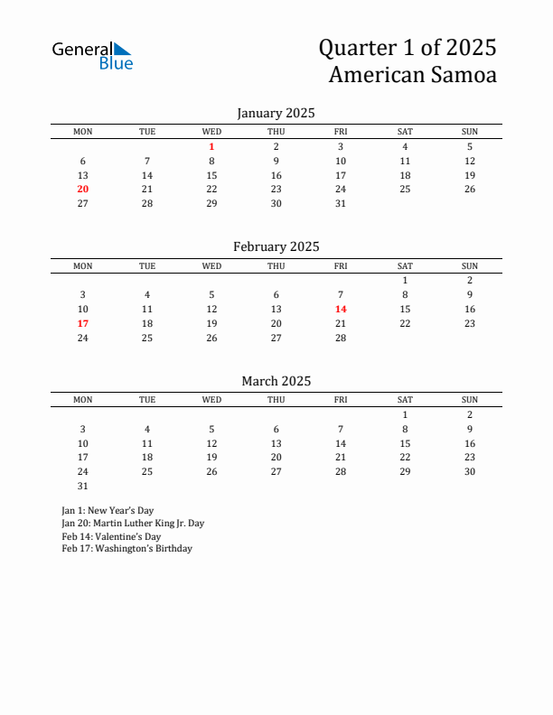 Quarter 1 2025 American Samoa Quarterly Calendar