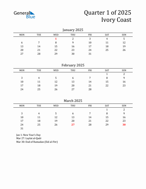 Quarter 1 2025 Ivory Coast Quarterly Calendar