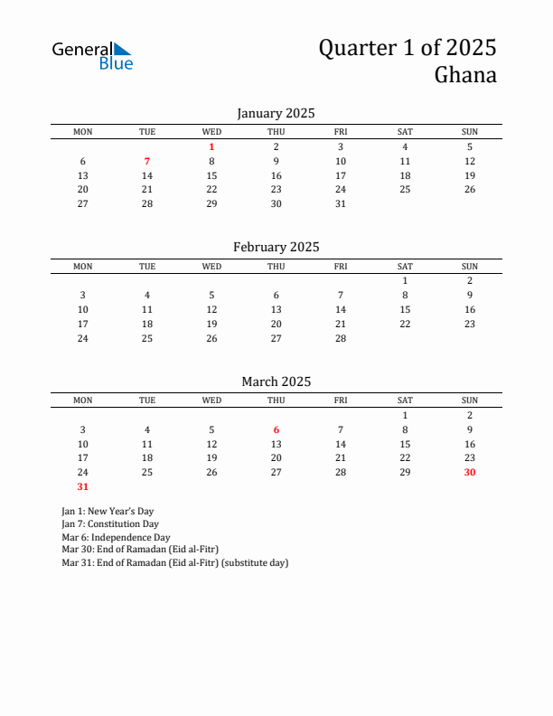 Quarter 1 2025 Ghana Quarterly Calendar