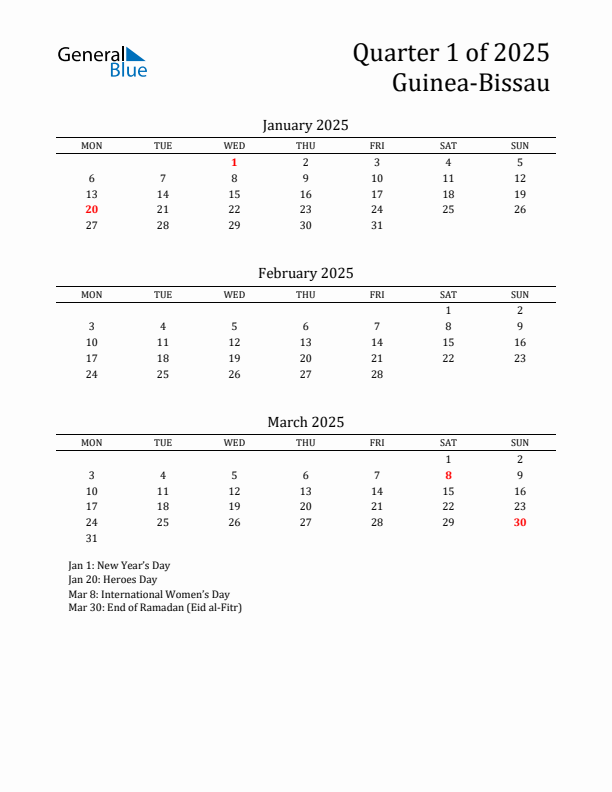 Quarter 1 2025 Guinea-Bissau Quarterly Calendar