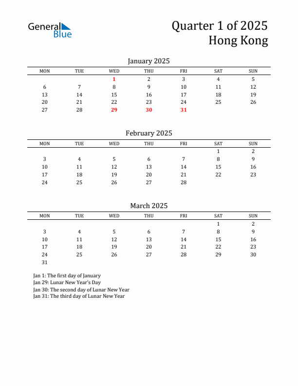 Quarter 1 2025 Hong Kong Quarterly Calendar