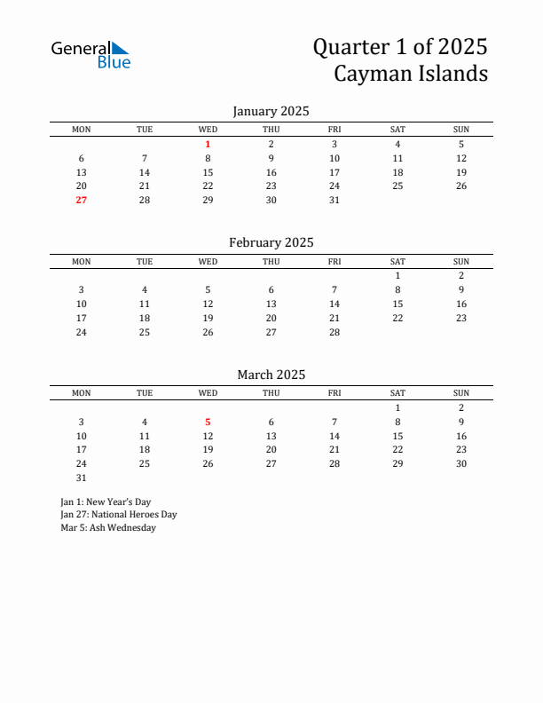 Quarter 1 2025 Cayman Islands Quarterly Calendar