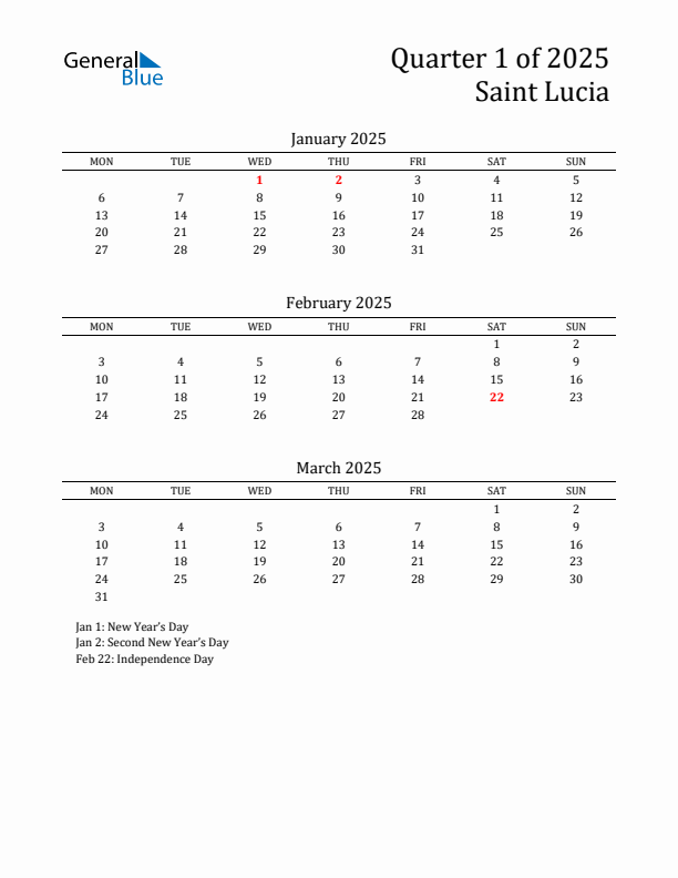 Quarter 1 2025 Saint Lucia Quarterly Calendar