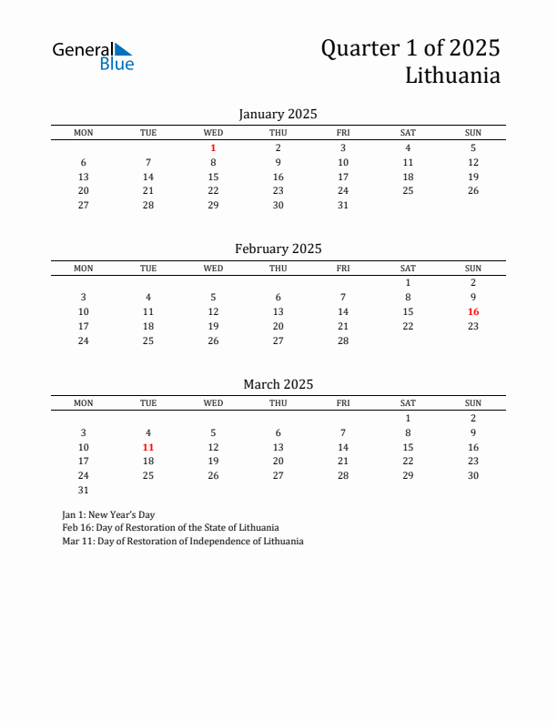 Quarter 1 2025 Lithuania Quarterly Calendar