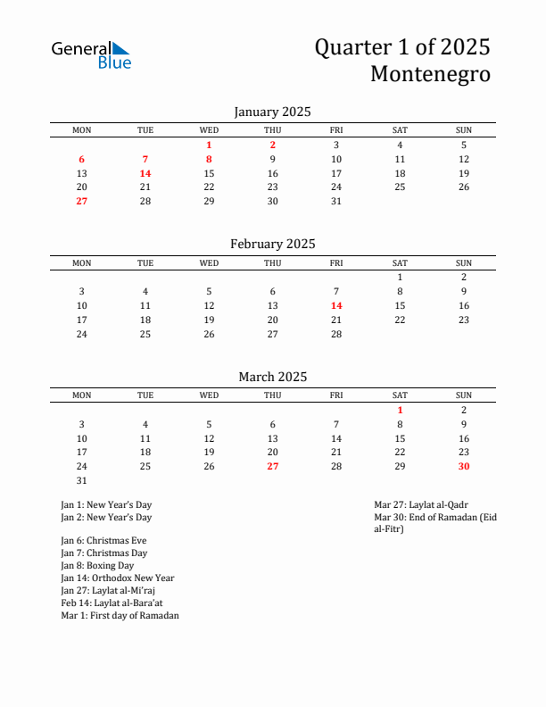 Quarter 1 2025 Montenegro Quarterly Calendar