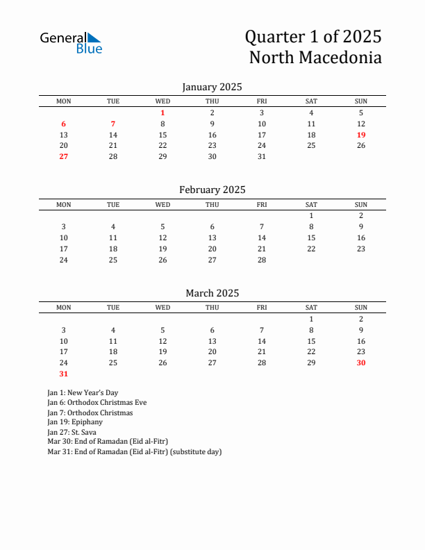 Quarter 1 2025 North Macedonia Quarterly Calendar