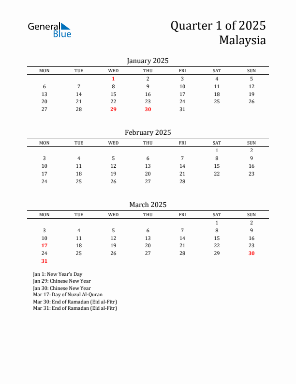 Quarter 1 2025 Malaysia Quarterly Calendar