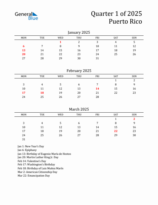 Quarter 1 2025 Puerto Rico Quarterly Calendar