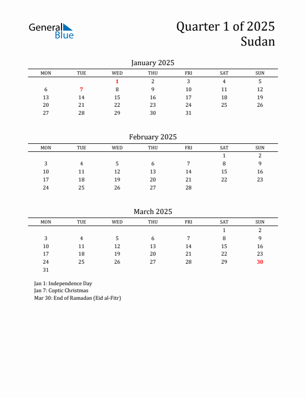 Quarter 1 2025 Sudan Quarterly Calendar