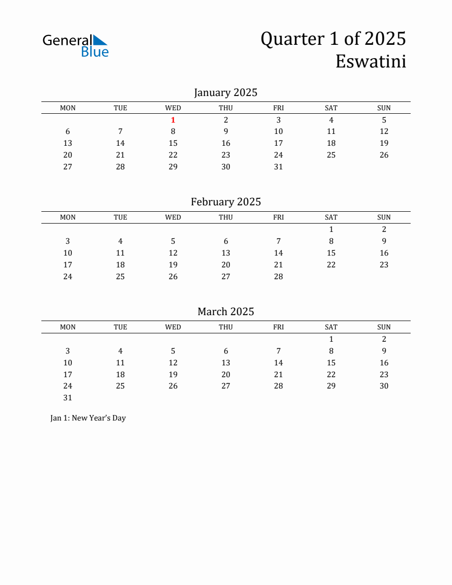 Quarter 1 2025 Eswatini Calendar - Monday Start
