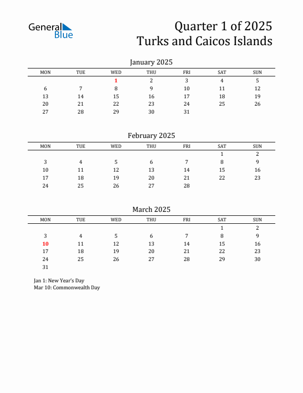 Quarter 1 2025 Turks and Caicos Islands Quarterly Calendar