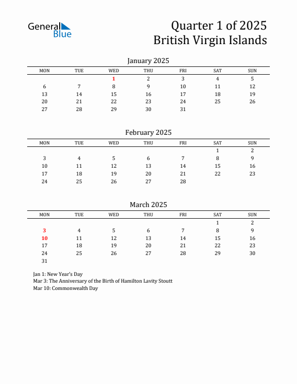 Quarter 1 2025 British Virgin Islands Quarterly Calendar