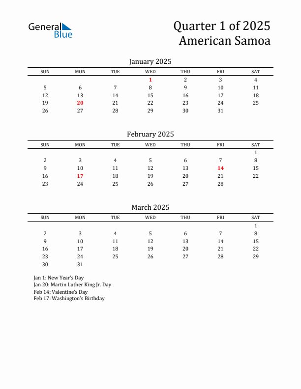 Quarter 1 2025 American Samoa Quarterly Calendar