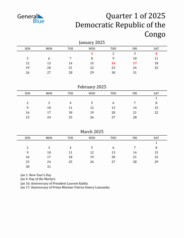 Quarter 1 2025 Democratic Republic of the Congo Quarterly Calendar