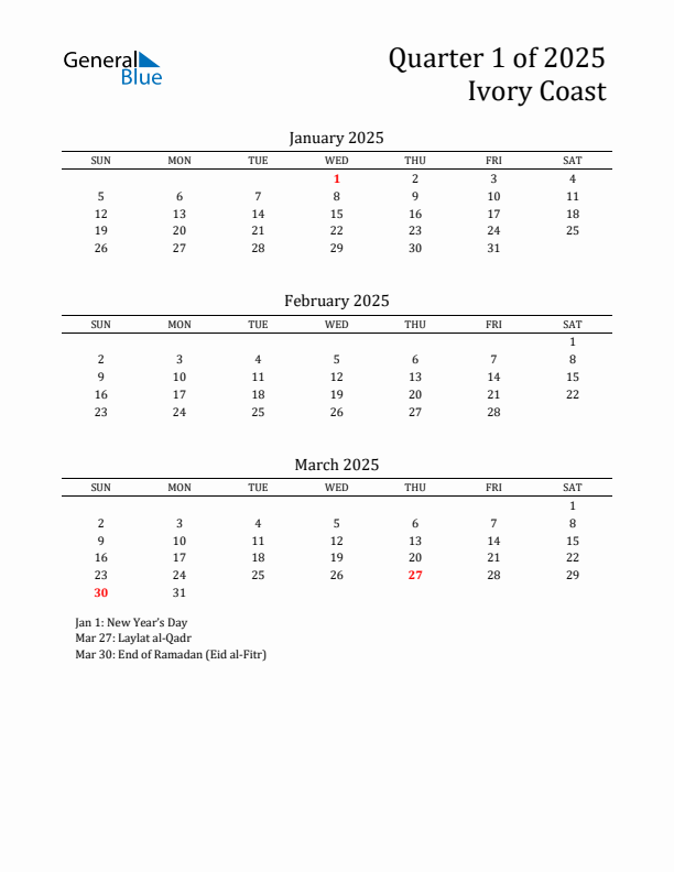 Quarter 1 2025 Ivory Coast Quarterly Calendar