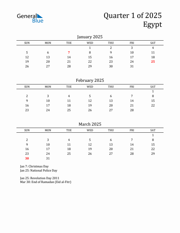 Quarter 1 2025 Egypt Quarterly Calendar