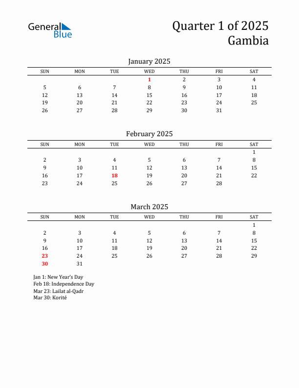 Quarter 1 2025 Gambia Quarterly Calendar