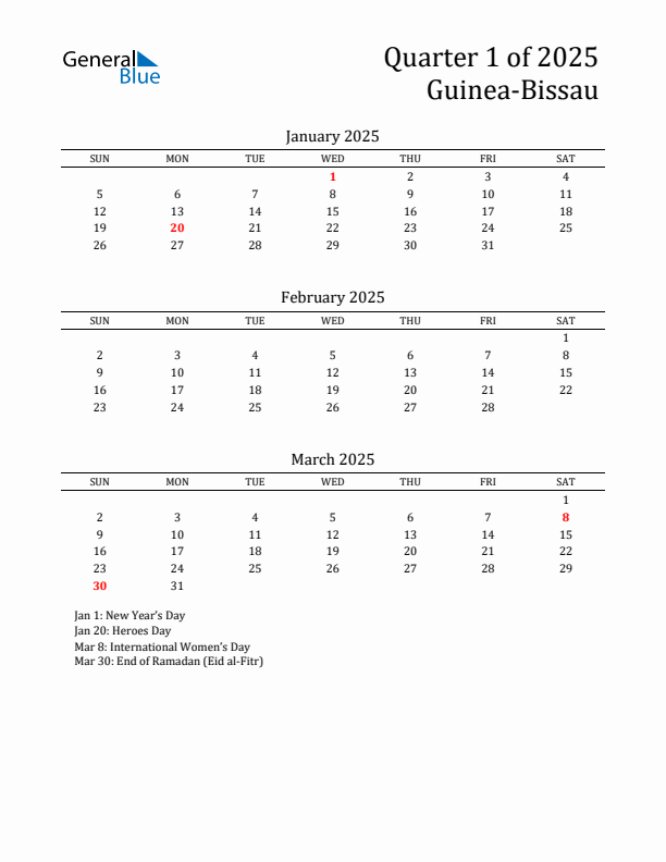 Quarter 1 2025 Guinea-Bissau Quarterly Calendar