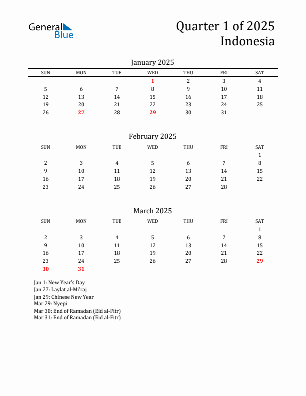 Quarter 1 2025 Indonesia Quarterly Calendar