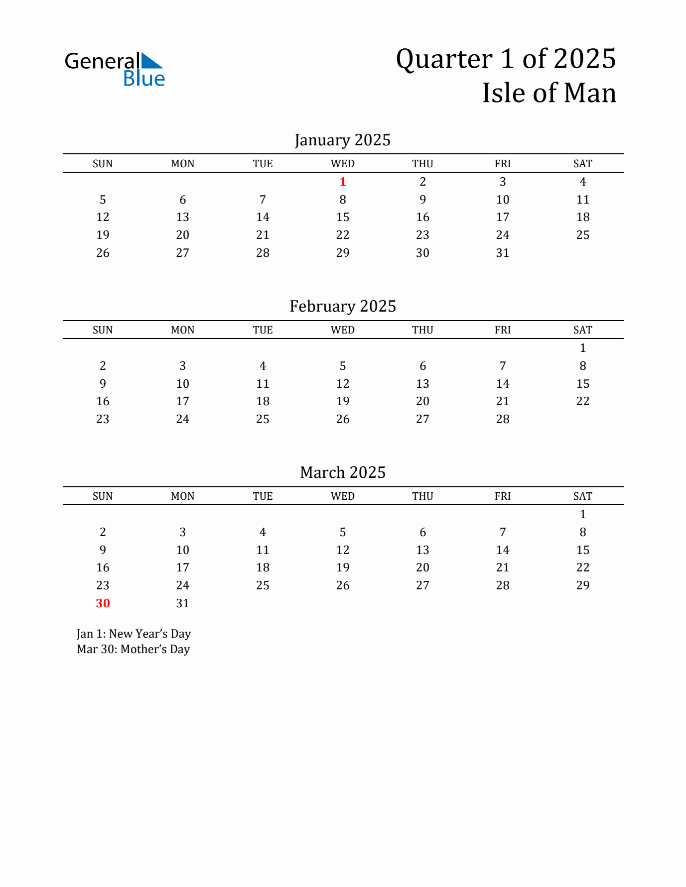 Quarter 1 2025 Isle of Man Quarterly Calendar