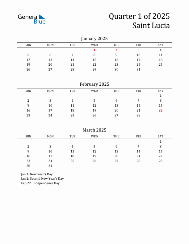 Quarter 1 2025 Saint Lucia Quarterly Calendar