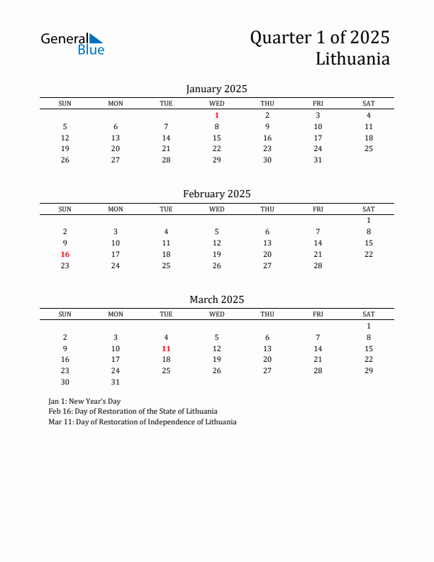 Quarter 1 2025 Lithuania Quarterly Calendar