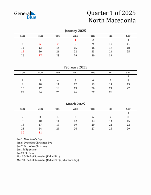 Quarter 1 2025 North Macedonia Quarterly Calendar