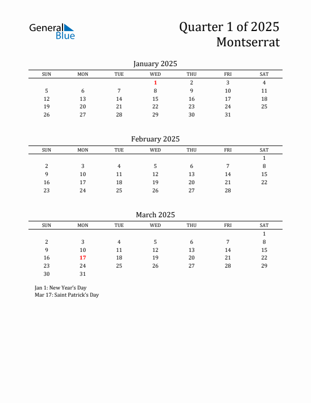 Quarter 1 2025 Montserrat Quarterly Calendar