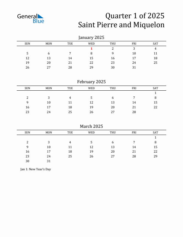 Quarter 1 2025 Saint Pierre and Miquelon Quarterly Calendar
