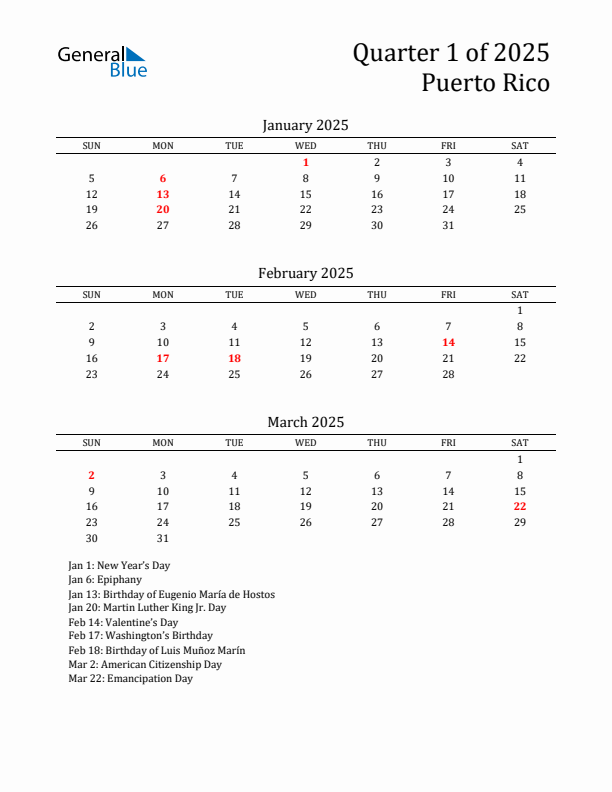 Quarter 1 2025 Puerto Rico Quarterly Calendar