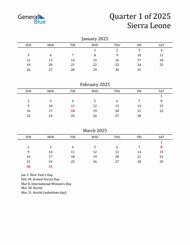 Quarter 1 2025 Sierra Leone Quarterly Calendar