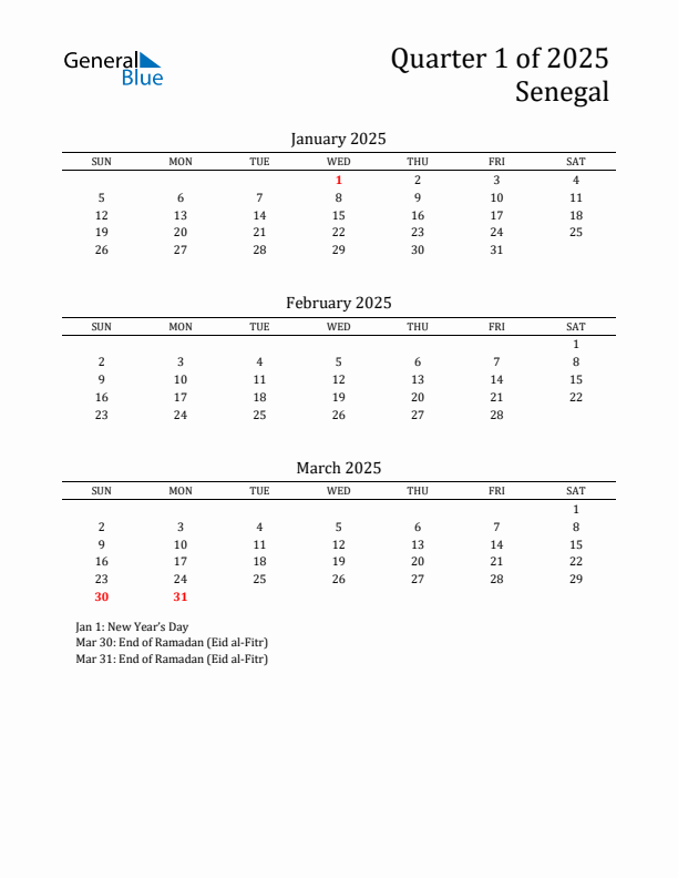 Quarter 1 2025 Senegal Quarterly Calendar