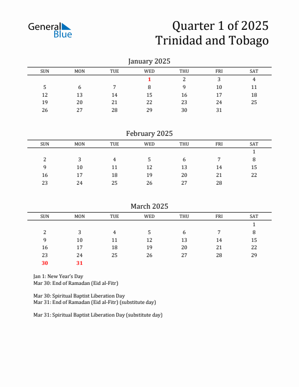 Quarter 1 2025 Trinidad and Tobago Quarterly Calendar